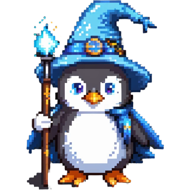 penguin wizard with a magic wand and wizard hat emoji