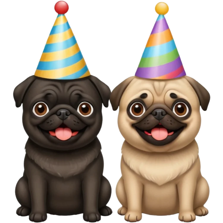 pug and black pug wearing birthday hat emoji