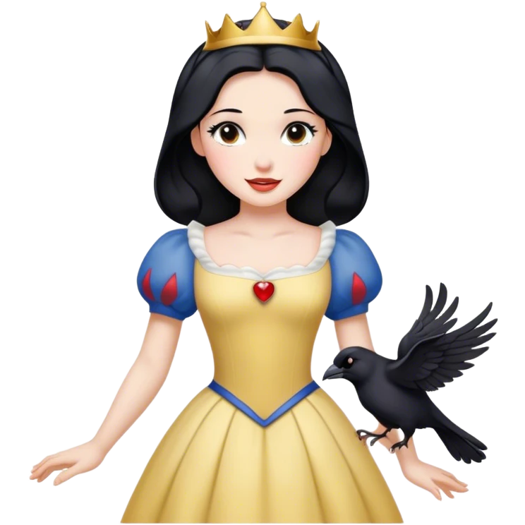 Cinematic Radiant Snow White Portrait Emoji, rendered in a realistic, vector style with clean proportions. Show Snow White with a soft, welcoming smile, delicate porcelain skin, and neatly arranged raven hair, wearing her timeless dress. The image radiates a warm, inviting glow, high shine, and is enhanced by a soft glowing outline that accentuates her gentle beauty. emoji