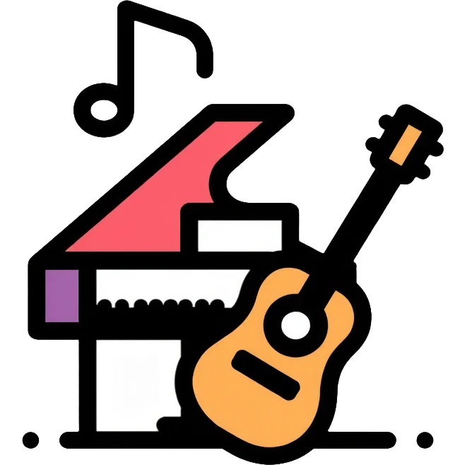music icons with piano, guitar, and musical notes emoji