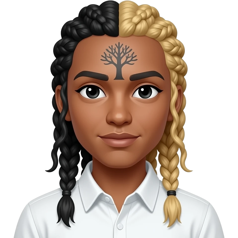 No mushtash half black and blonde braids tree tattoo on forehead light brown skin color black eyes white shirt emoji