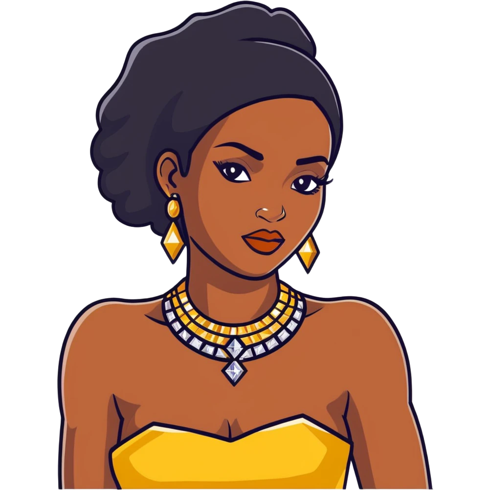 beautiful, curvy African American woman with dark brown skin, straight black hair, bold makeup, gold jewelry, diamonds, confident pose, inspired by Bratz doll emoji