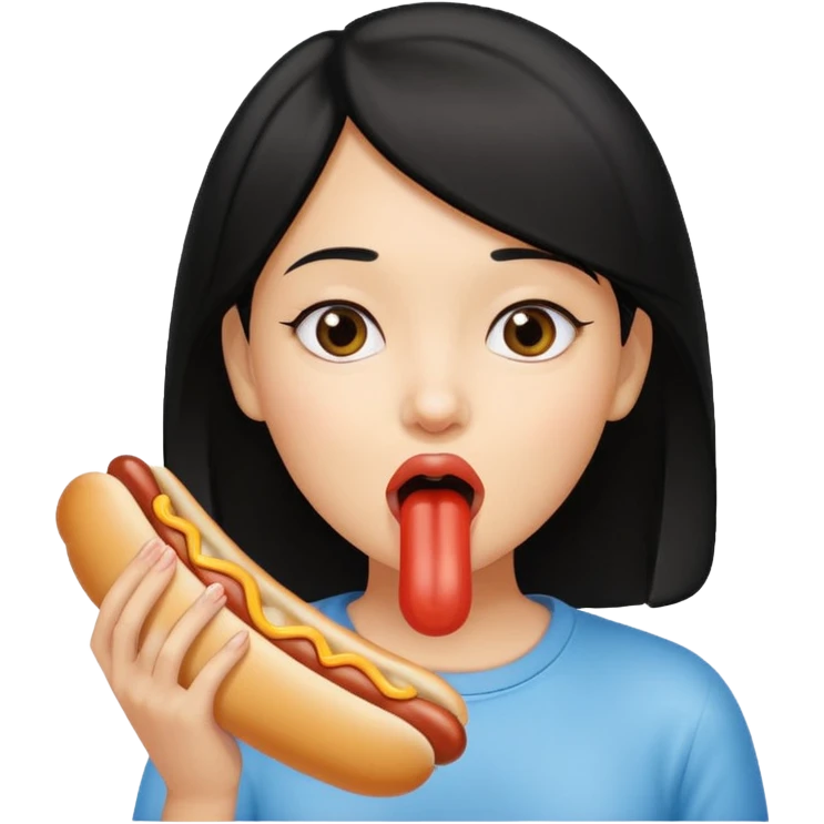 Black haired girl holding hotdog near mouth pretending to lick it emoji