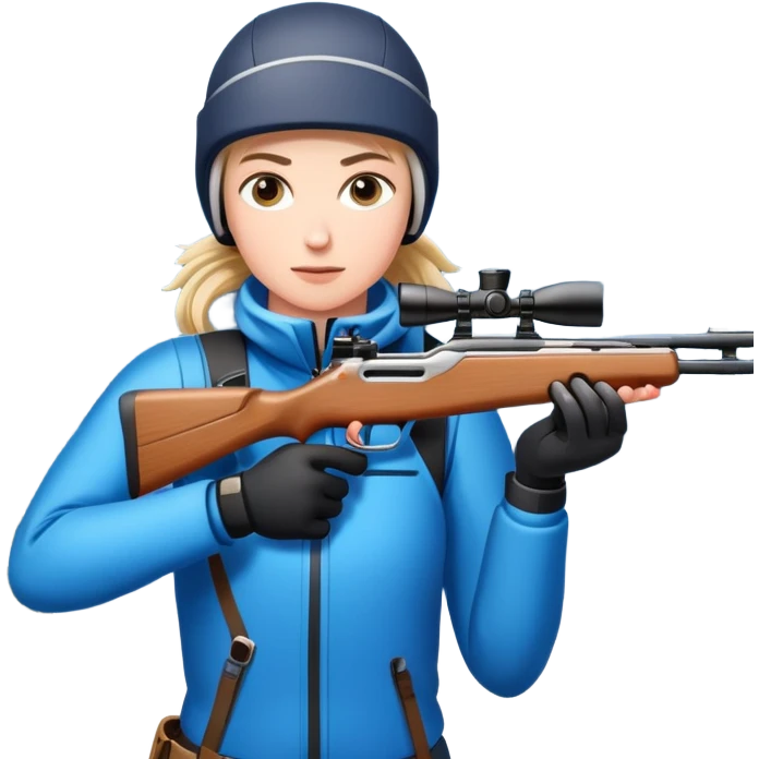 An icon showing a snowy landscape with pine trees, mountains, and a clear sky with a biathlete aiming a rifle in the foreground, wearing winter gear and skis. Transparent background emphasizes the precision, endurance, and beauty of this winter sport. emoji