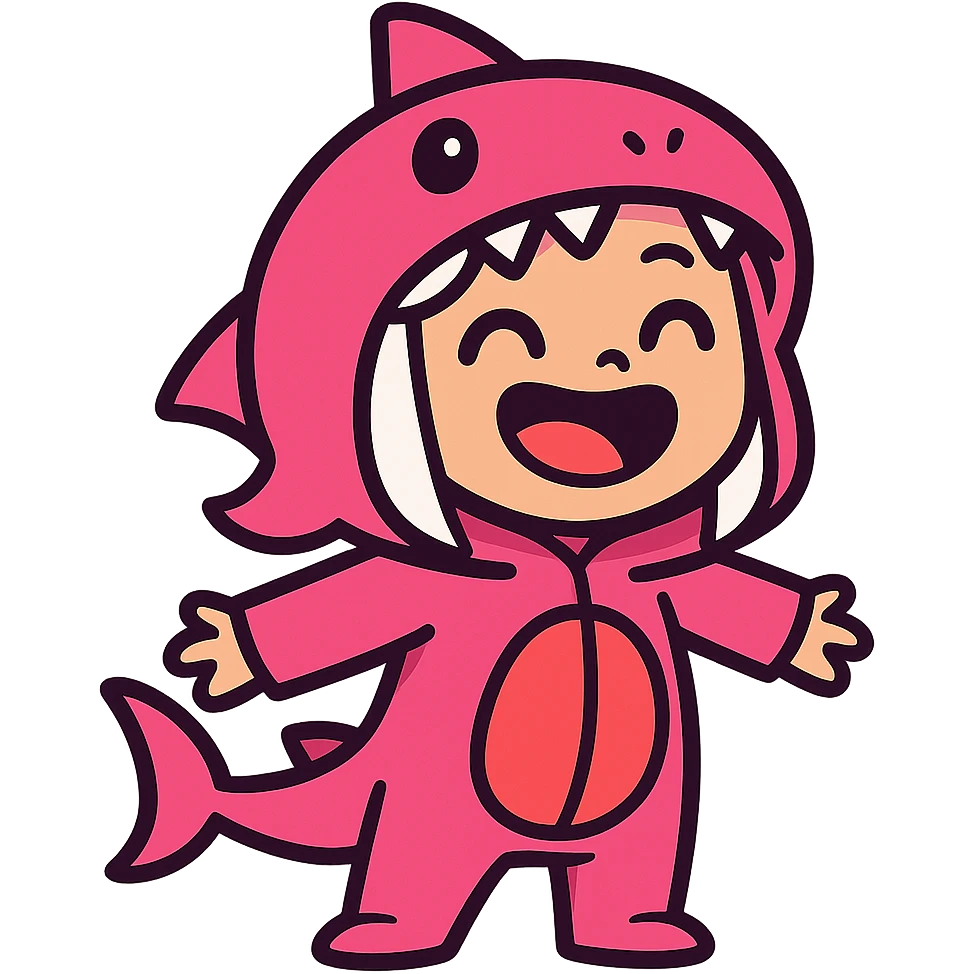cute cartoon girl with white hair in a pink shark onesie, big happy smile emoji