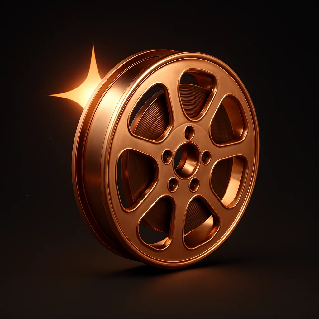 film reel floating in space with a warm copper-colored star behind it, stylized illustration, glowing copper star, deep space background emoji