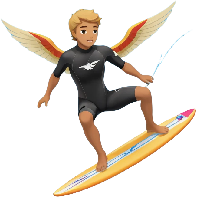 An athlete in a wetsuit riding a winged kiteboard, soaring above the waves with a powerful breeze beneath a clear blue sky. The scene captures the dynamic motion of the sport, with the ocean waves and kite gliding through the air, symbolizing freedom and adventure. emoji