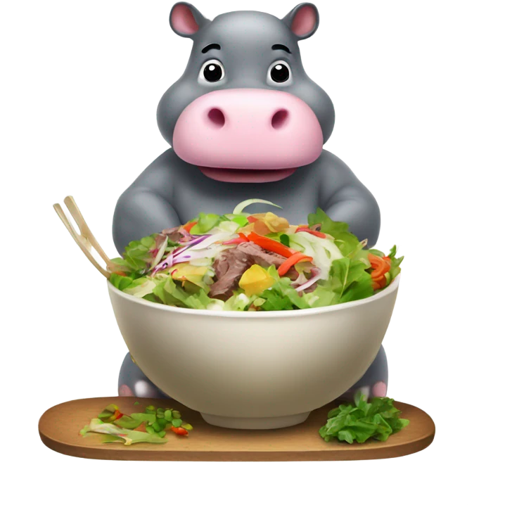 A moo Deng hippo making Thai beef salad emoji