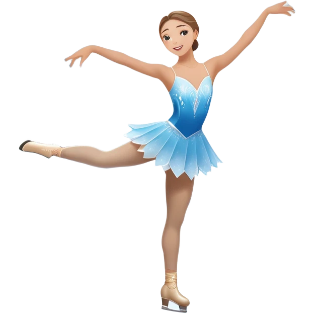 An icon showing a graceful figure skater performing a spin on the ice in a grand ice palace. The rink is illuminated by soft light beams, with cheering spectators in the stands. Snowflakes gently fall, adding to the magical atmosphere. Transparent background highlights elegance and artistry. emoji