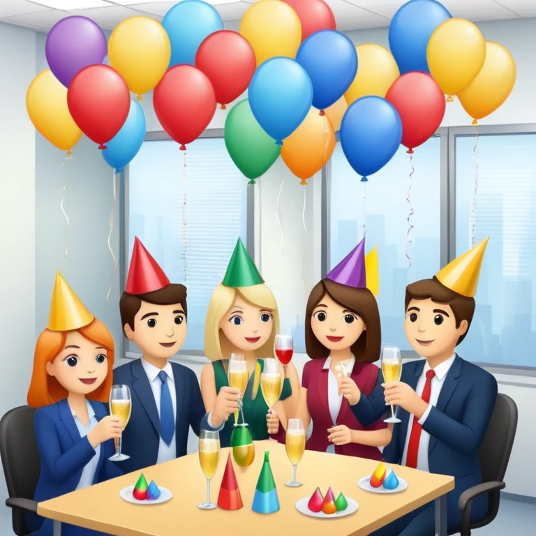 office party with coworkers celebrating, holding drinks and snacks, decorations and balloons in the background emoji
