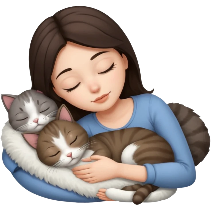 Brunette girl  sleeping with grey white  cat emoji