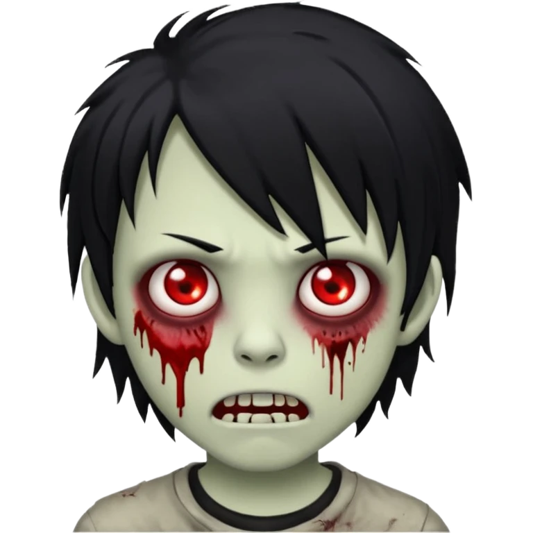 Boy, zombie, black hair, medium long, emo, shaggy, dark, spooky, creepy expression emoji And red eyes and blood on teeth emoji