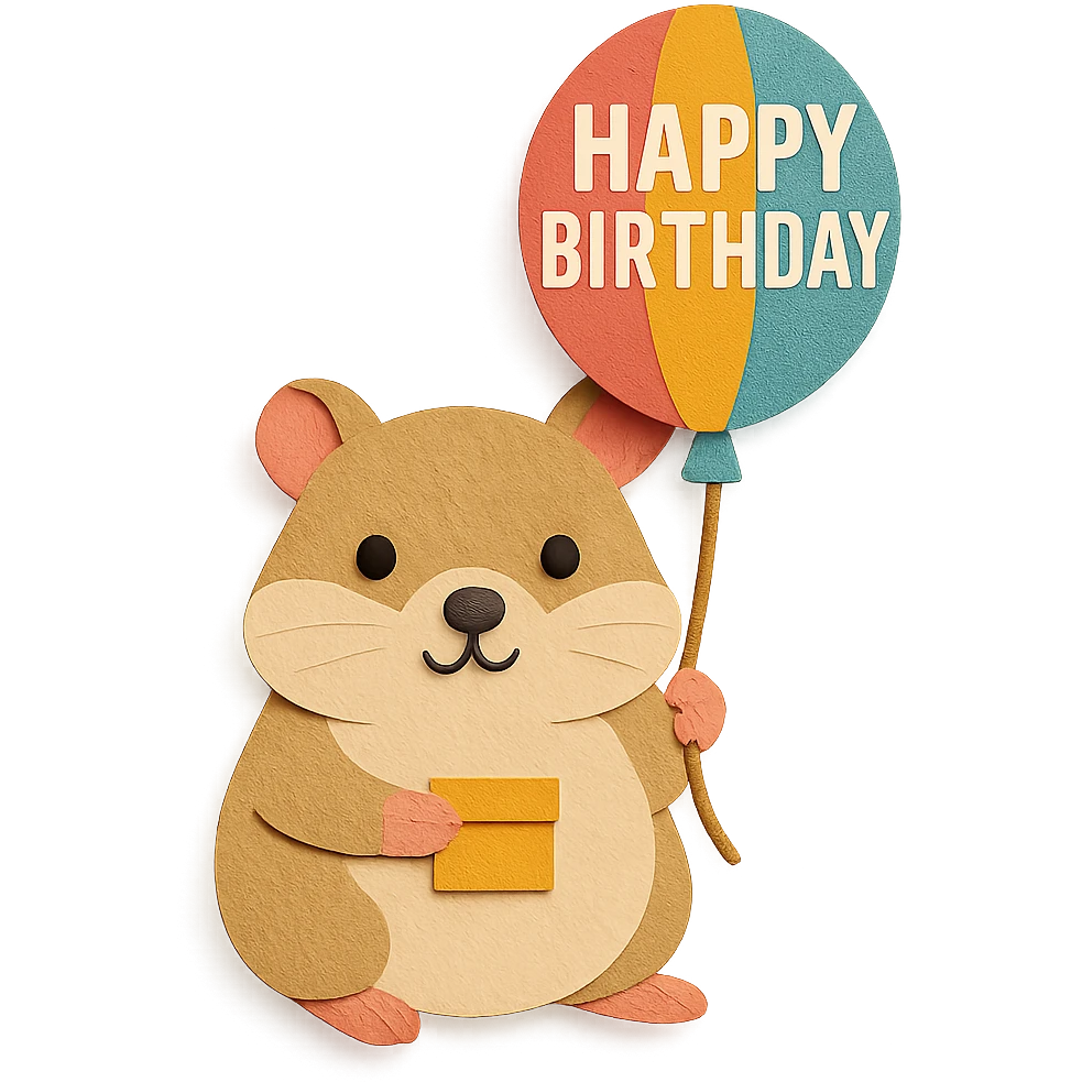 hamster holding a colorful balloon with 'Happy Birthday' text, paper-craft style emoji