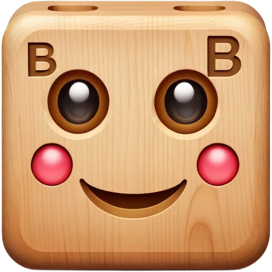 A wooden letter B block toy with adorable eyes and a happy expression emoji