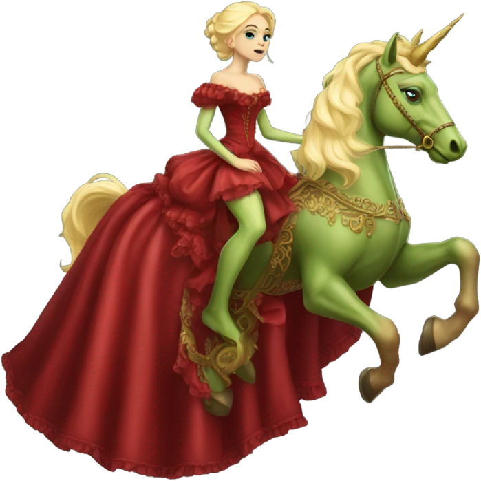 "galora green blonde alien woman" in red Victorian elegant dress, full body, rides unicorn gold
NO WOKE
 emoji