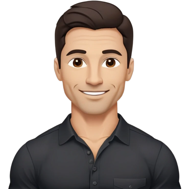 Very fit muscular 40-year-old with youthful looks, light brown skin, elongated face, strong defined jawline, charming confident smile, medium dark eyes, arched eyebrows, straight nose, buff physique, medium wavy dark hair, wearing a slightly tight black button-up shirt emoji