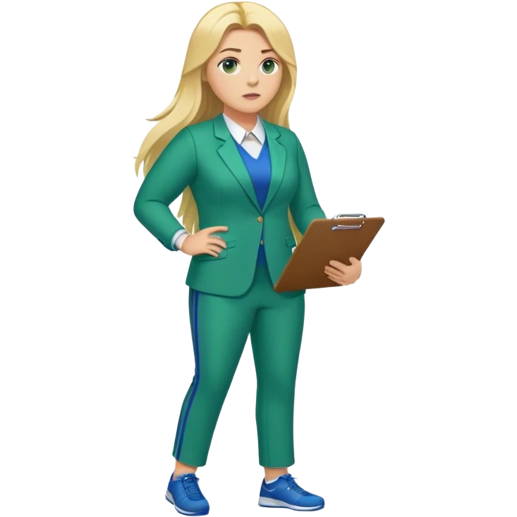 Full Body white plus size female basketball head coach using a clipboard with long blonde hair in a blue and green suit emoji
