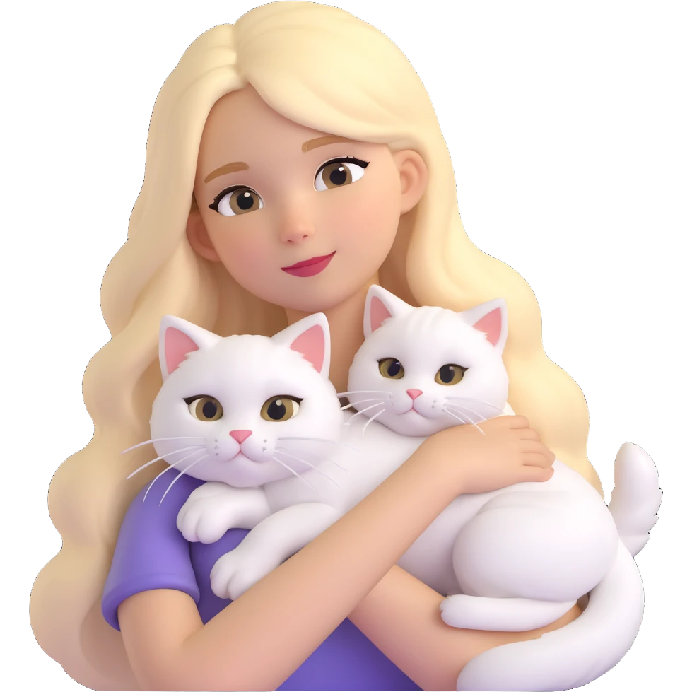girl with long blonde hair, white fluffy cat lying on her left shoulder and neck, emoji style for Discord and Slack emoji