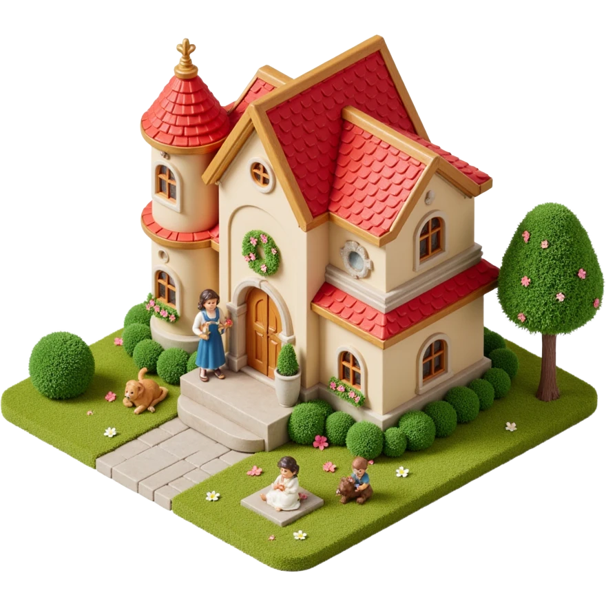 palace house with a family and pet, celebrations  emoji