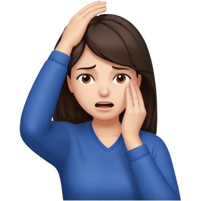 female pulling her hair with stressed face, face palm, brunette emoji
