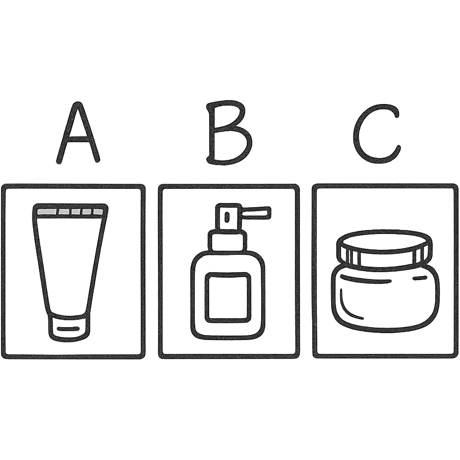 three boxes with "A", "B", "C" labels, inside those boxes there are some beauty products emoji