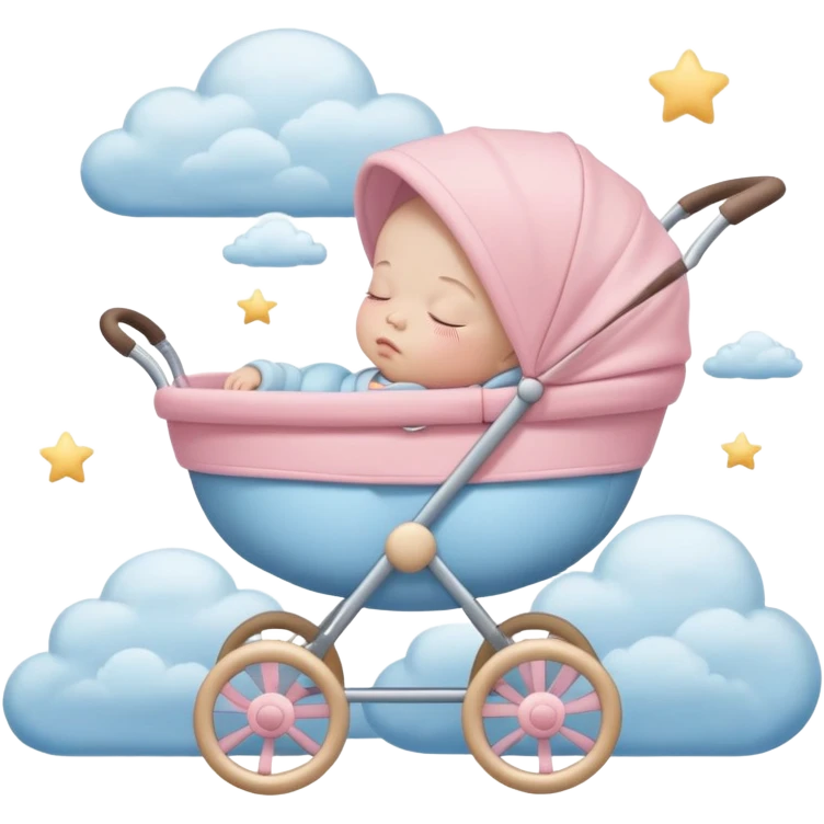 sleeping baby with closed eyes in pink and beige stroller with pastel blue clouds around it emoji