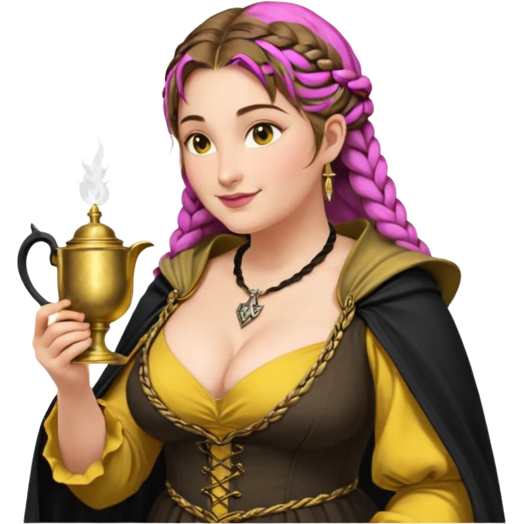 Helga Hufflepuff, half-turned in profile,brown-haired,2 braids,yellow-black medieval open dress,deep neckline,fat macromastia,black cloak decorated with gold braiding,gold cup with two handles,very kind smile,very busty curvy sweet woman,pink glossy lips,full length with medieval shoes yo emoji