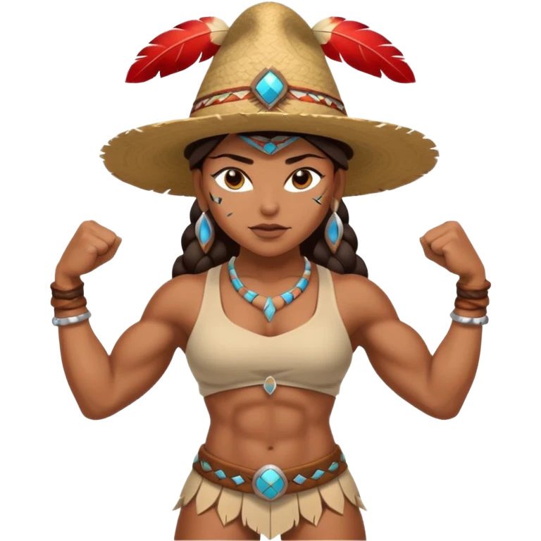 native american brown skin sexy girl, flexing muscles, full body, muscled, with traditional outfit and hat emoji