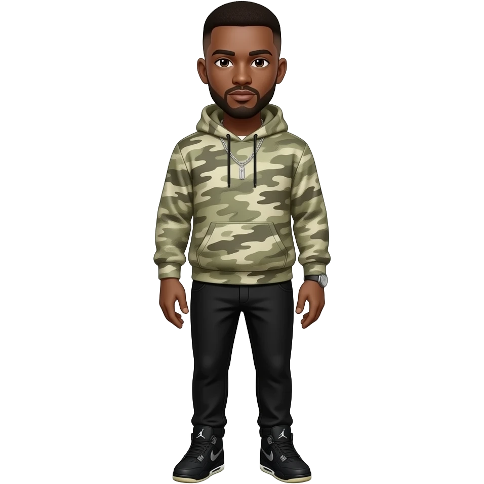 Make a brown skin colored man with fully brown low taper fade with a light camouflage hoodie with black pants with black Jordan 4’s with a silver chain and watch emoji