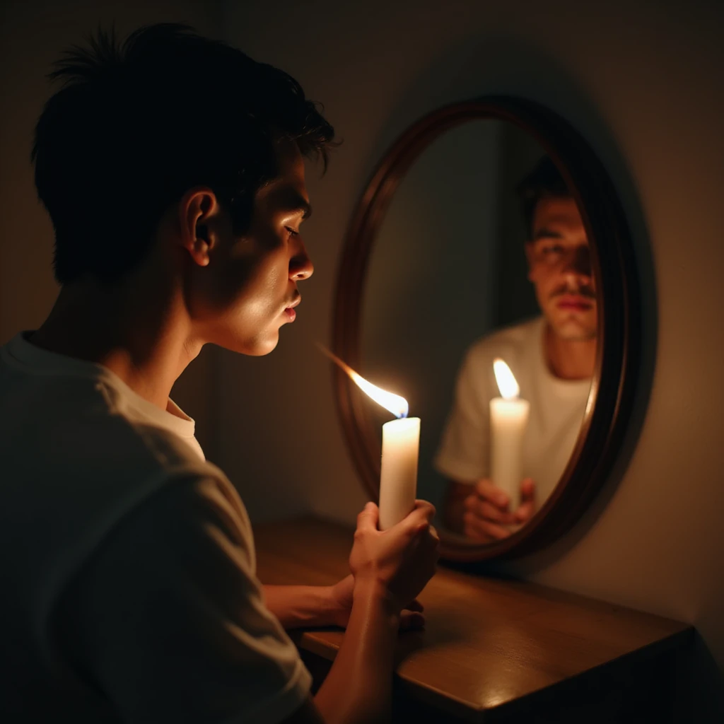 symbolic 4K detailed scene of a man blowing out candles and seeing his reflection in a mirror with a flame (metabolism) fading, symbolic atmosphere emoji