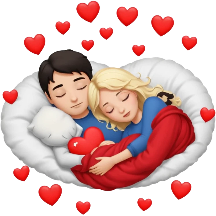 Sleeping couple. two people. man has dark hair. woman is blonde. hearts surrounding them. emoji