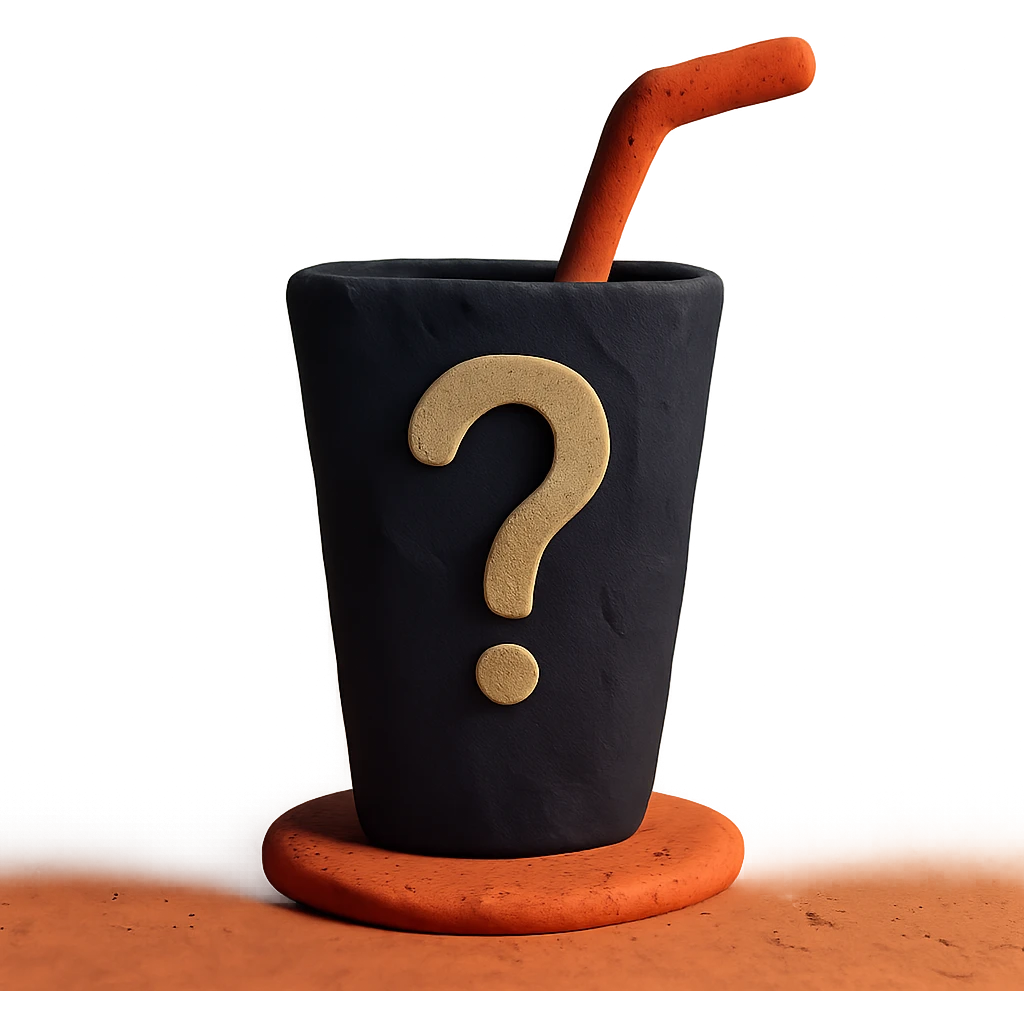 silhouette of a glass with a straw covered by a question mark, claymation style emoji