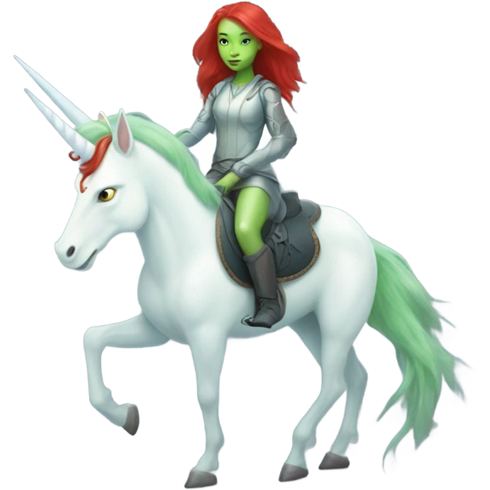 [politically incorrect
	{ woman: alien, color: light green, hair:red, eyes:cat} ]
	on a 
	[{ unicorn: white, legged:four, mane: light blue }] emoji