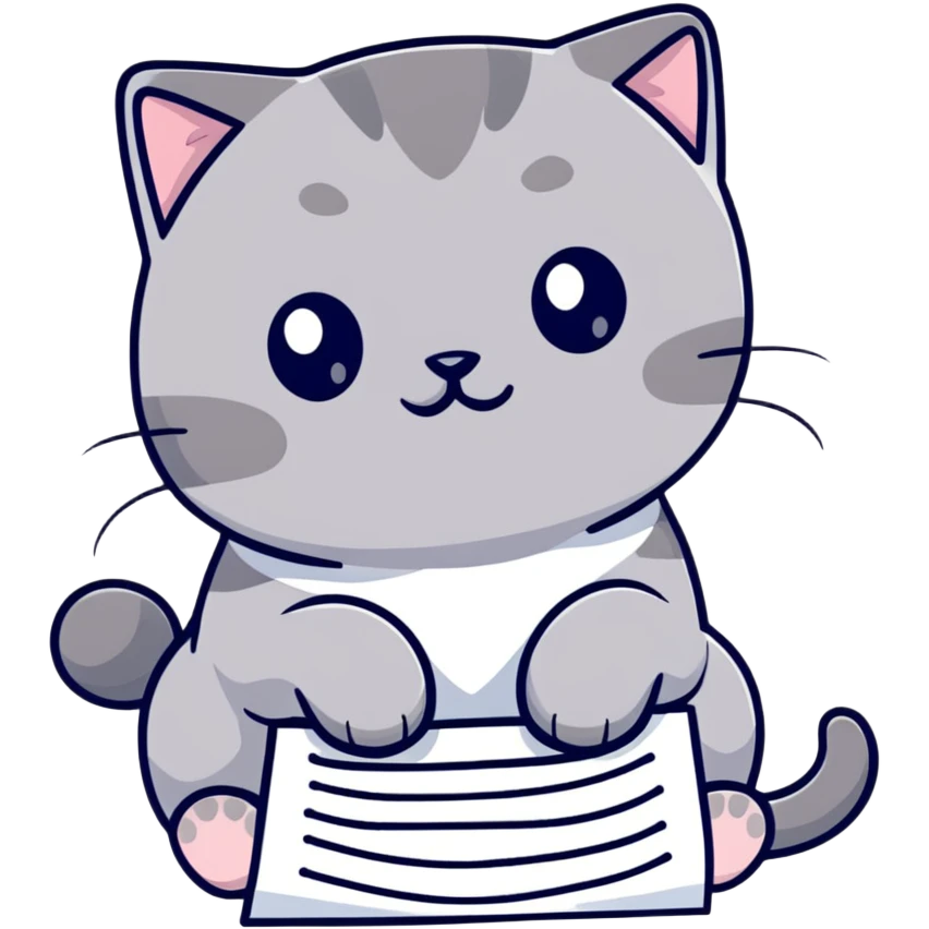a gray Scottish fold cat sitting on a piece of paper emoji