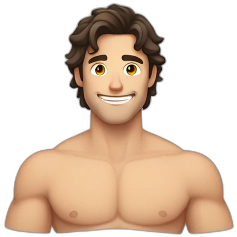 white guy with wet dark brown hair and brown eyes smiling with his mouth closed and shirtless with slightly muscles emoji