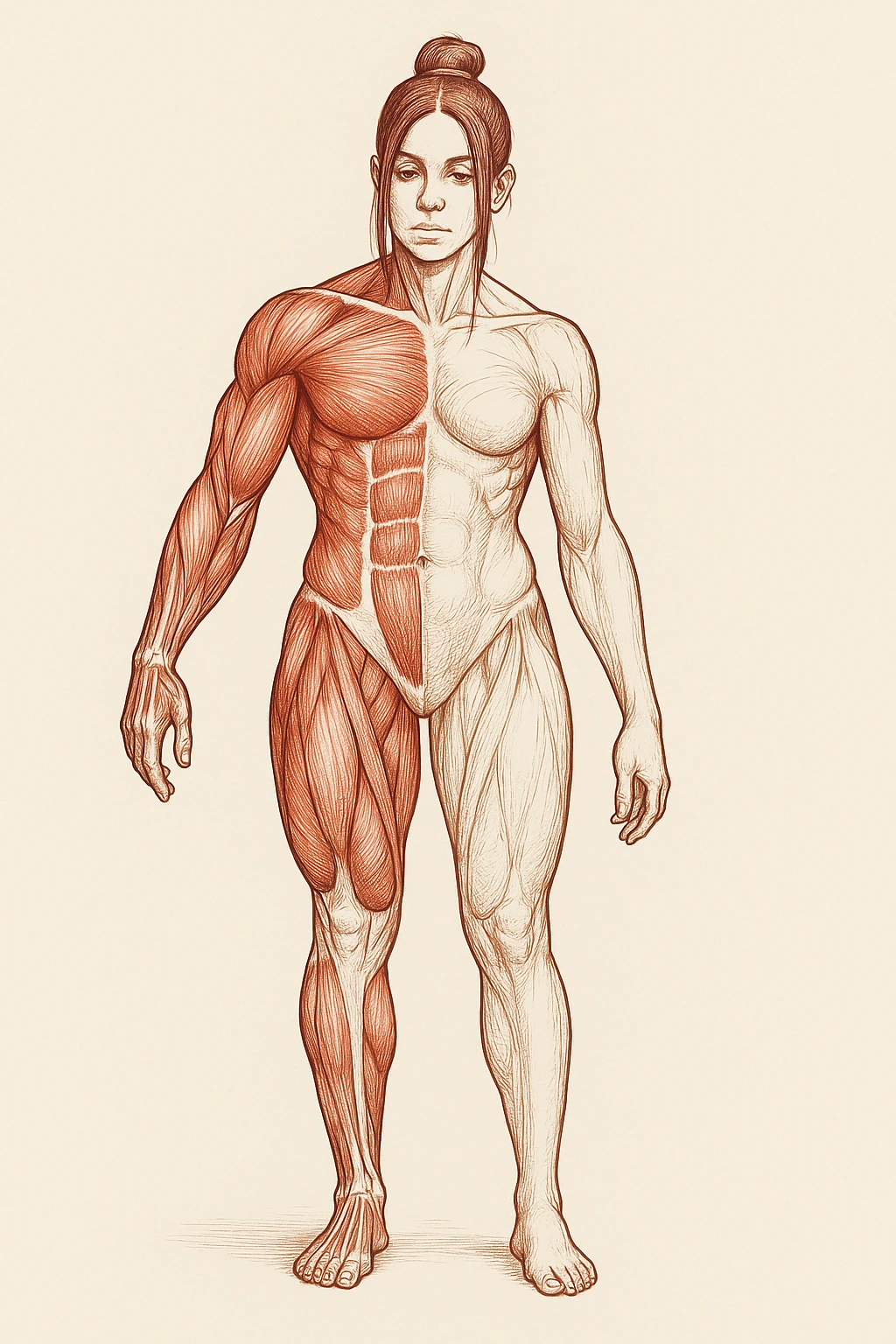Anatomical style illustration inspired by the photo showing muscles less developed on one side of the body due to asymmetries, highlighting the muscular difference between the two sides, variant 3. emoji