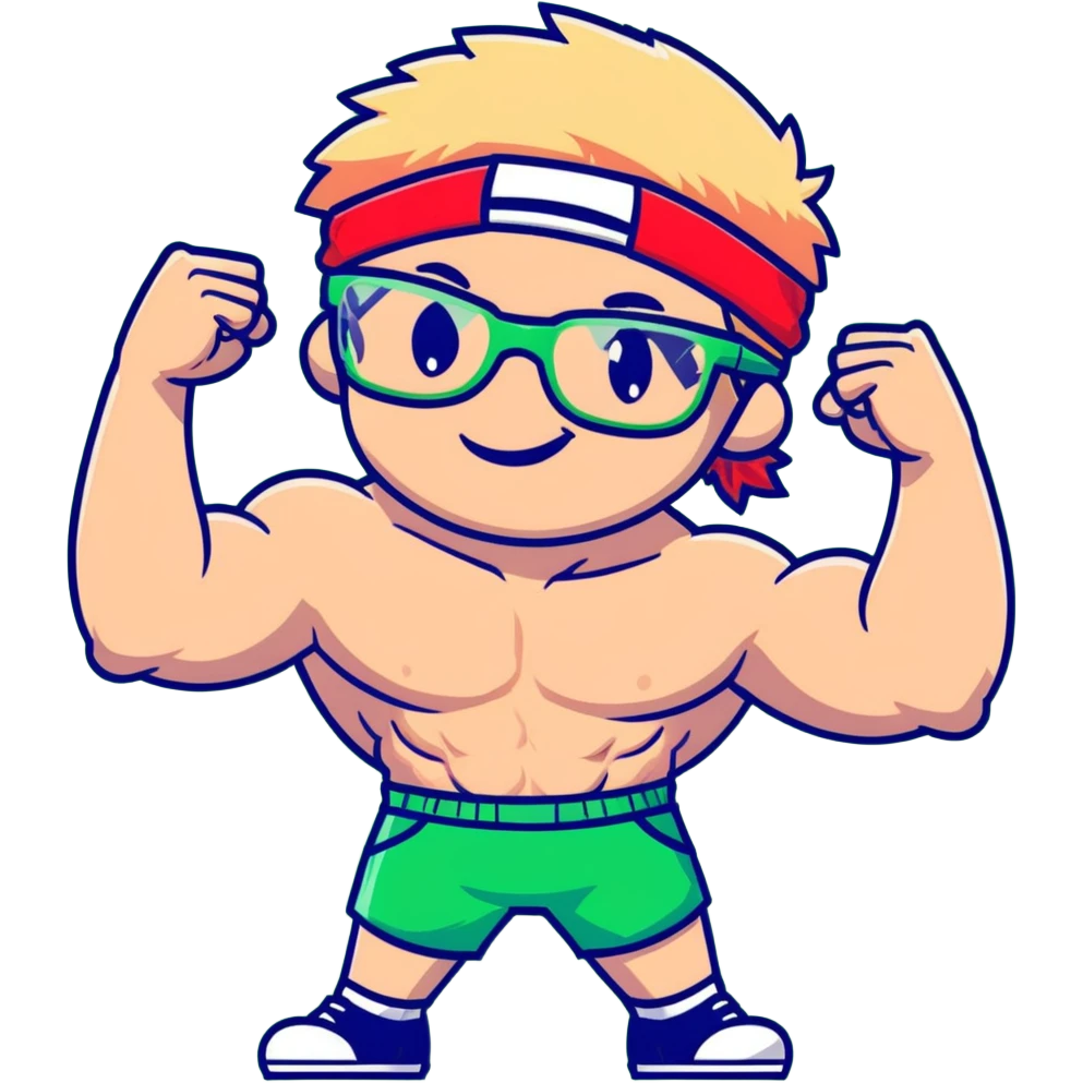 Skinny man with black and white cap, thin bare torso, red shorts, clear glasses, messy light blond mullet hairstyle, smiling and attempting to flex nonexistent muscles emoji