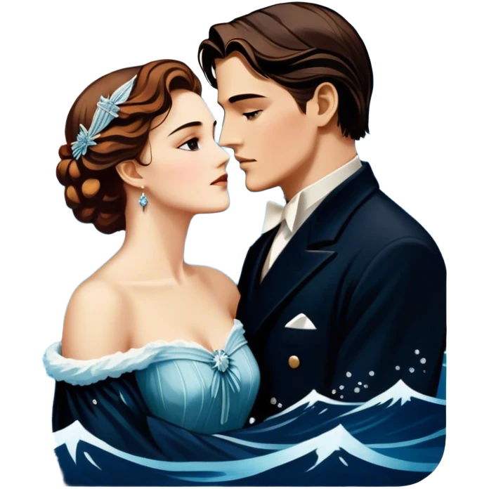 Icon for Titanic Movie: A vintage movie poster-style design featuring a dramatic scene of the ship, the iceberg, and a romantic silhouette of the main couple. Include elements like the ship’s bow, water splashes, and a starry sky in the background. Retro cinematic feel. Transparent background. emoji