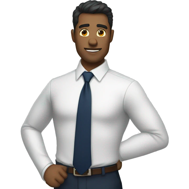 A modern man white shirt and  navy blue tie showing one finger  emoji