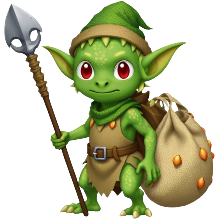 A pixel art goblin with a cloth sack over its back filled with dragon eggs. emoji