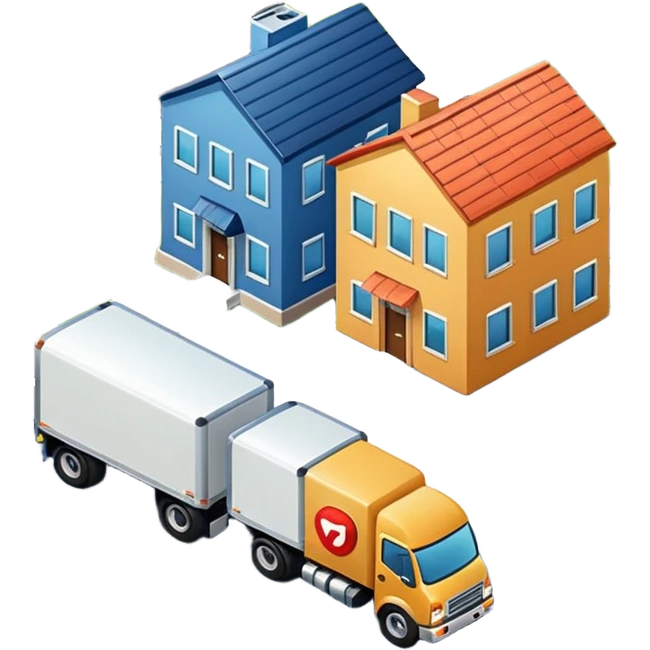 top view of a truck, package, company building, and house side by side, connected by street lines, clear layout, apple emoji style emoji