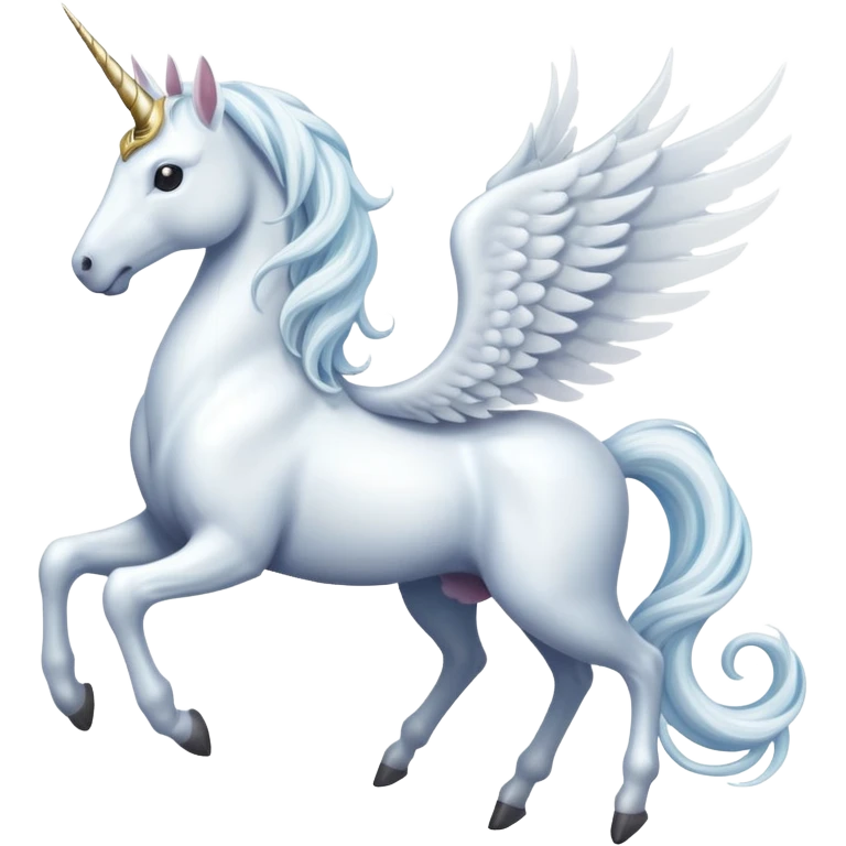 All white Cinematic Noble Unicorn with wings, slender with a flowing mane and tail and spiraled horn emoji