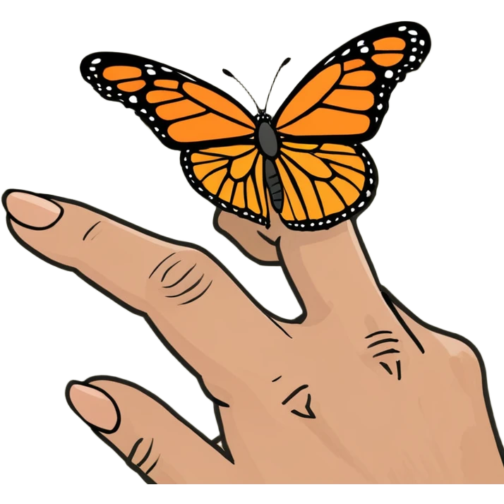 Monarch butterfly on top of a finger emoji