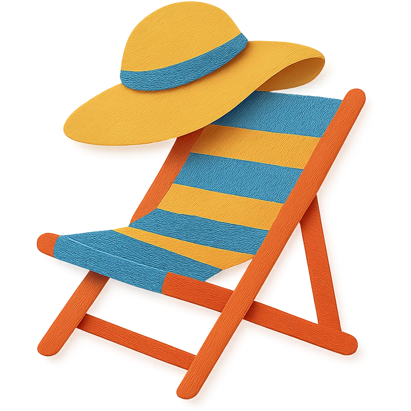 beach chair with stripes and a sun hat, bright colors, paper-craft style emoji