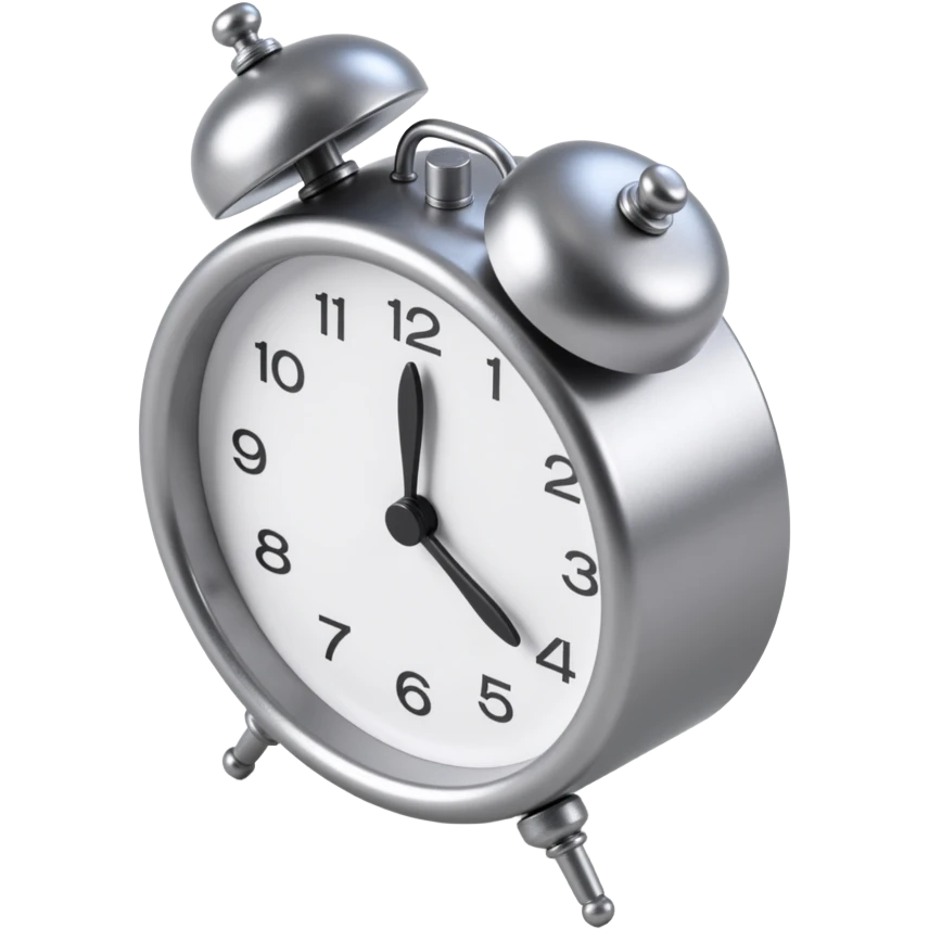 realistic metallic alarm clock icon in skeuomorphism style, shiny chrome and glass details emoji