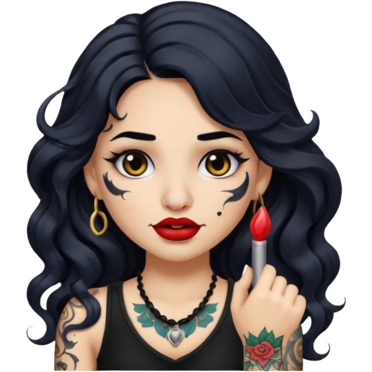 I want to create a female emoji with long black wavy hair and arm tattoo with her nose pierced and black lip stick emoji