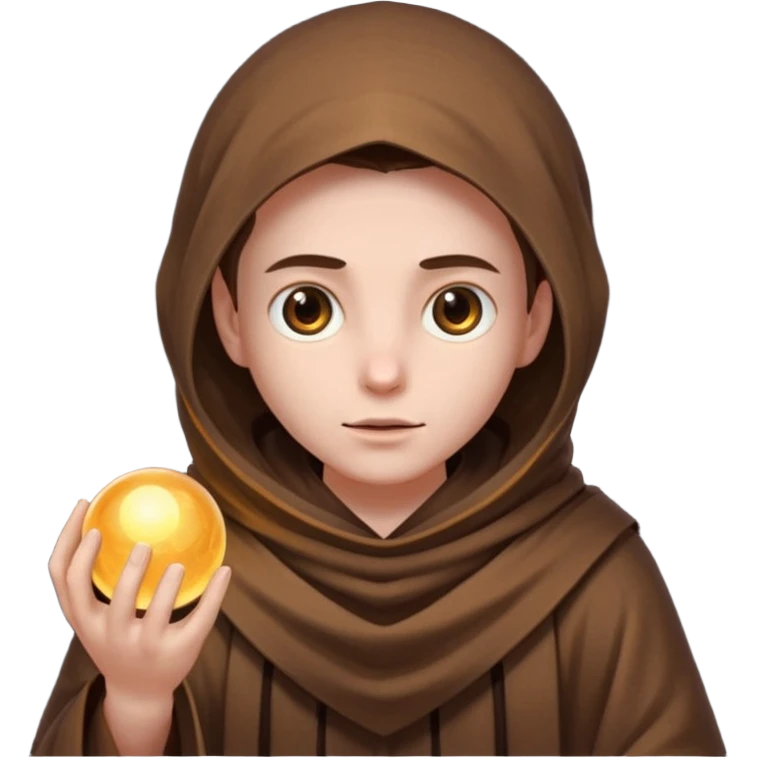 Coarse, hand-woven brown robes with deep,  shadowed cowls  with A dark, light-absorbing void within the hood where only two glowing yellow or orange eyes are visible. In AI generation, specify "glowing orb-like eyes" or "beady luminous eyes". emoji