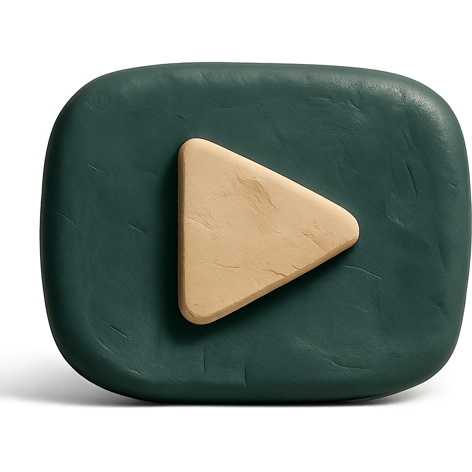 YouTube logo, natural shape: rounded rectangle with dark green fill, play triangle light beige, minimalism, plasticine style emoji