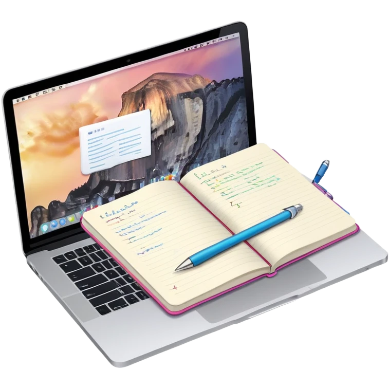 top view of a MacBook and a notebook with a pen nearby, notebook with visible notes emoji