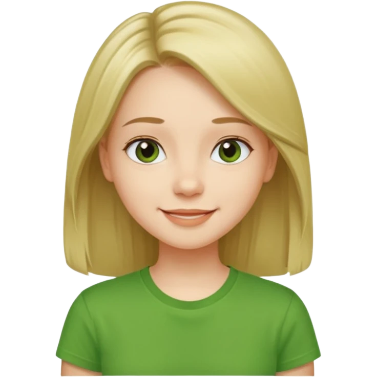 Young girl with straight, well-groomed, beautiful hair, wearing a green T-shirt, looking happy and cheerful. emoji